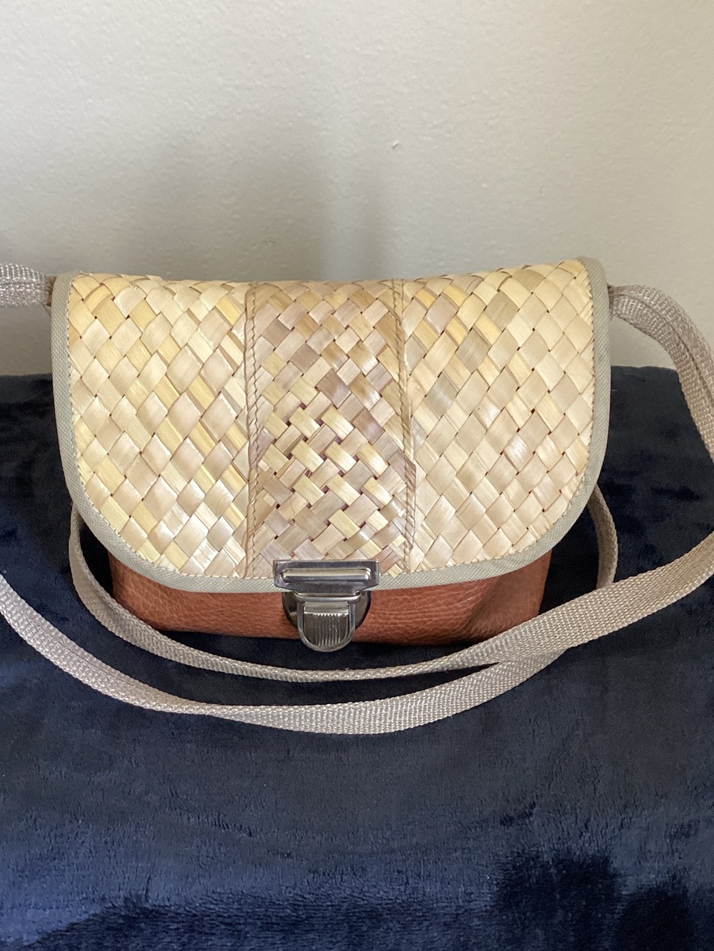 Woven Straw and Brown Leather Crossbody Bag with Beige Strap